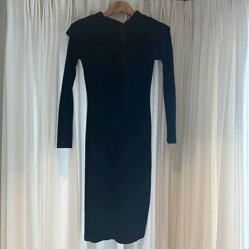 Alice + Olivia black knit, off the shoulder dress with mesh back detail